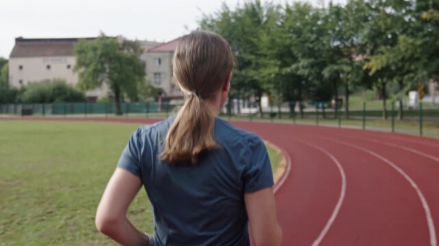 Woman running on stadium track during morning workout, back view