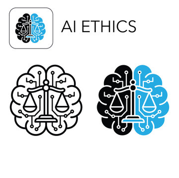 AI Ethics icon set featuring a brain with scales of justice, vector illustration on white background