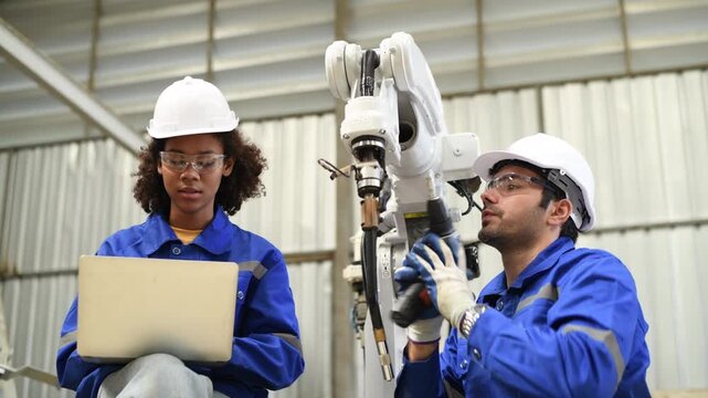 Engineer factory industry wearing safety uniform work and checking system of the welding robots for welding steel electrical by control system robot automate for industry manufacture concept.	