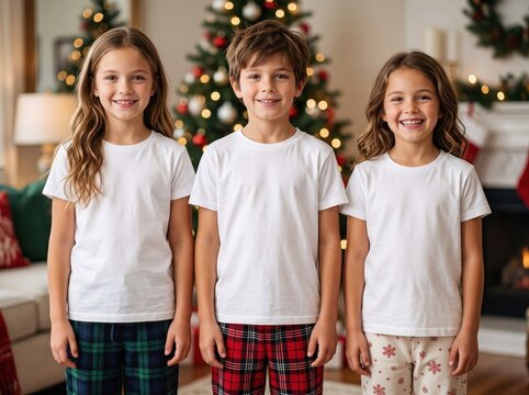 Young boy and 2 girl models in white shirt stand in holiday decorated room. Three kids. Christmas design shirt mockup. Multiple tee template. Children group, siblings, brother, sister
