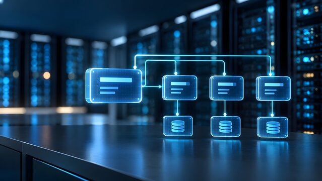 Glowing holographic database schema and relational mapping diagram floating on desk in modern server room environment