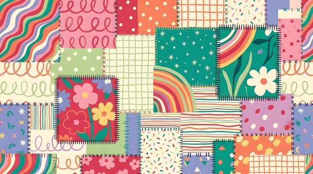 Aesthetic patchwork textile art and vintage retro fabric patterns. Colorful quilt design backdrop. Crafter sewing patterned fabric squares with decorative stitching and prints