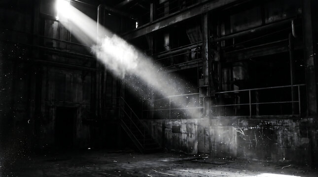 Industrial interior with dramatic light beam during daytime