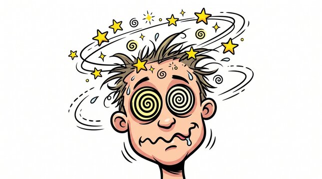Cartoon illustration of a man feeling dizzy with spinning stars and spiral eyes.