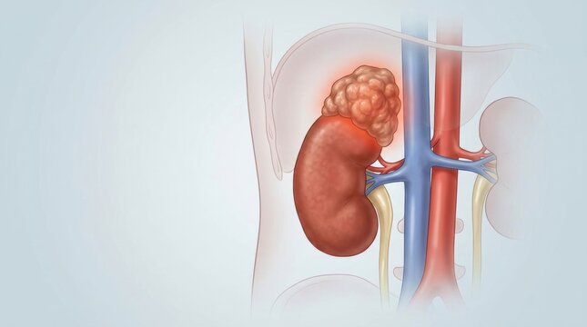 Medical illustration of a human kidney with a tumor located on the superior adrenal gland area
