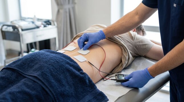 Physical therapist applying electrical stimulation electrodes to a patient's lower back pain