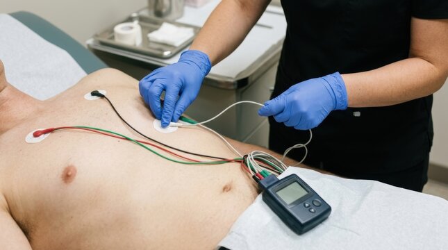 Medical professional attaching electrodes to a patient for a diagnostic heart rhythm assessment