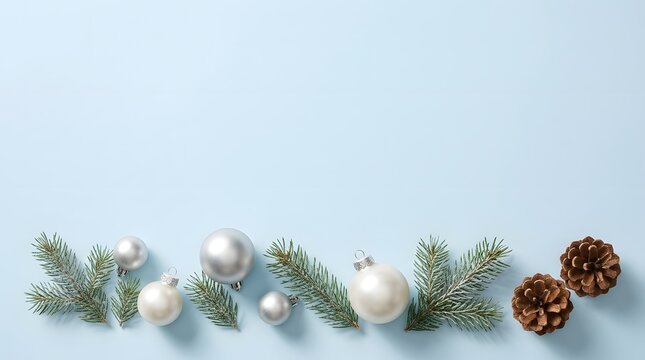 Christmas ornaments and pine branches on a light blue background with copy space for holiday greeting