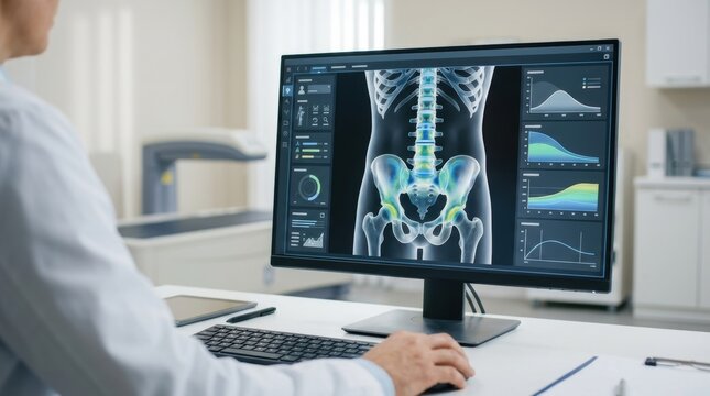 Medical professional analyzing a digital skeletal scan on a computer monitor in a clinic office