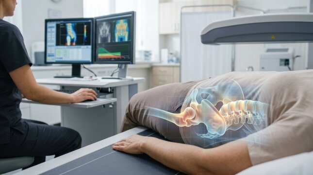 Medical professional performing a bone density scan on a patient in a modern clinical laboratory