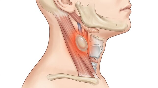 Medical illustration of a swollen lymph node in the neck area for clinical health education study