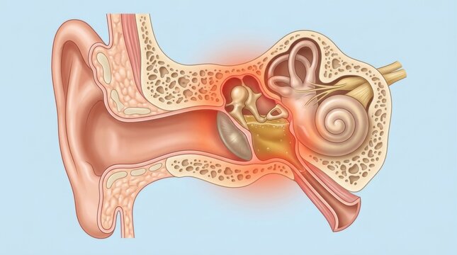 Anatomical illustration of the human ear showing inflammation and fluid in the middle ear cavity