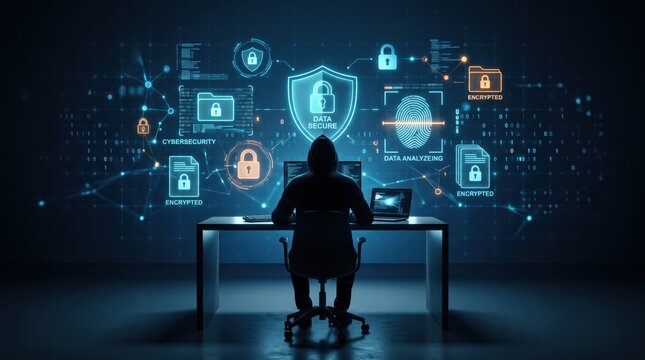 Cybersecurity expert working at computer desk monitoring network security threats, surrounded by shield lock encryption fingerprint icons representing data protection privacy and