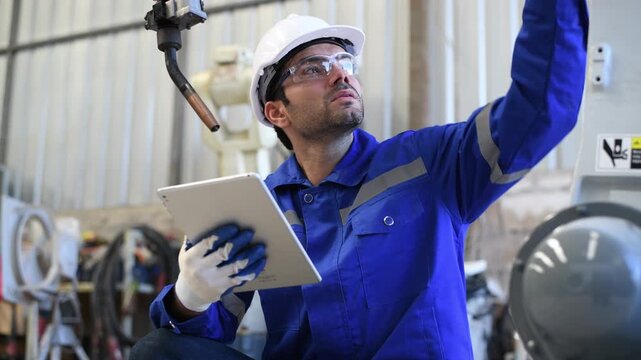 Engineer factory industry wearing safety uniform work and checking system of the welding robots for welding steel electrical by control system robot automate for industry manufacture concept.	