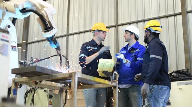 Engineer factory industry wearing safety uniform work and checking system of the welding robots for welding steel electrical by control system robot automate for industry manufacture concept.	