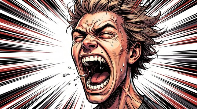 An intense illustration of a man screaming with dynamic motion lines in the background.