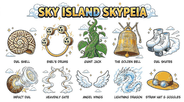 Fantasy Sky Island Adventure Game Items Vector Set with Magical Anime Artifacts Wings Giant Beanstalk Golden Bell and Lightning Dragon
