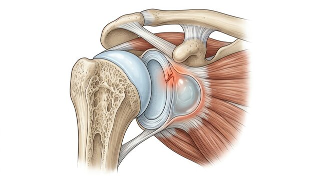 Medical illustration of a shoulder labrum tear showing the glenoid cavity and humerus bone joint