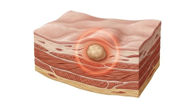 Medical illustration of a subcutaneous lump or tumor within human skin tissue cross section