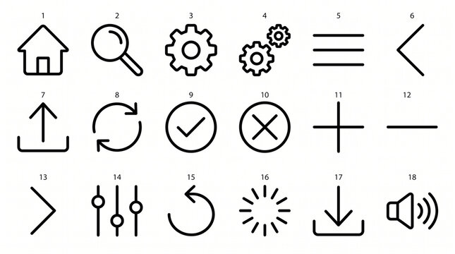 Collection of minimalist line icons depicting common interface elements on a white background symbols