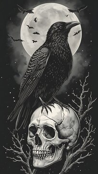 Black raven perched on a cracked human skull under a full moon with flying bats and bare dead branches, dark gothic Halloween monochrome illustration