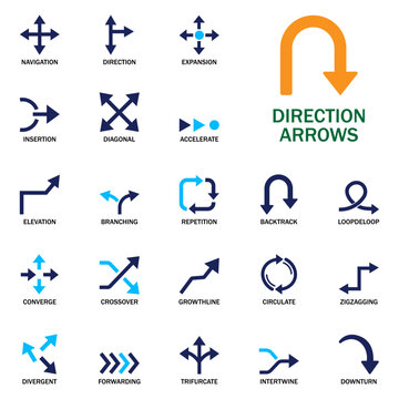 Direction arrows solid icons set featuring navigation pointer, backtrack curve, expansion arrows, and crossover lines editable vector icon set for wayfinding and infographics