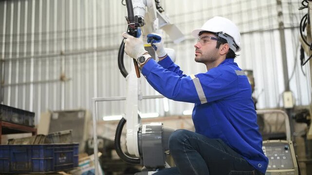 Engineer factory industry wearing safety uniform work and checking system of the welding robots for welding steel electrical by control system robot automate for industry manufacture concept.	