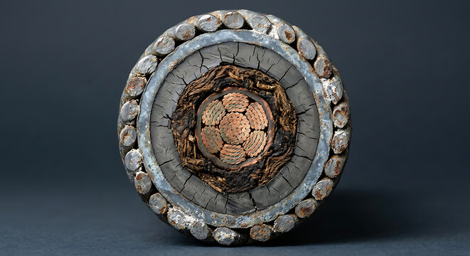 Macro cross section of vintage industrial subsea power cable showing concentric aged copper conductors vulcanized rubber insulation and oxidized steel wire armor