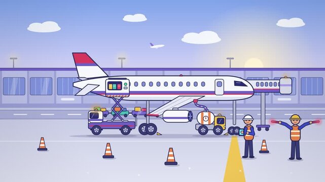 Terminal Ground Handling Service Refueling Aircraft Crew Operations Motion Design Illustration Animation For Commercial Travel Logistics Presentation