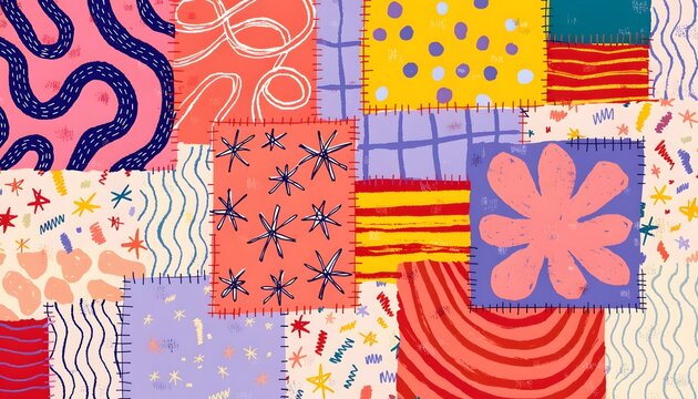 Patchwork textile abstract art and retro aesthetic fabric patterns. Vintage quilt design concept. Crafter sewing colorful textile pieces with decorative stitches and abstract prints