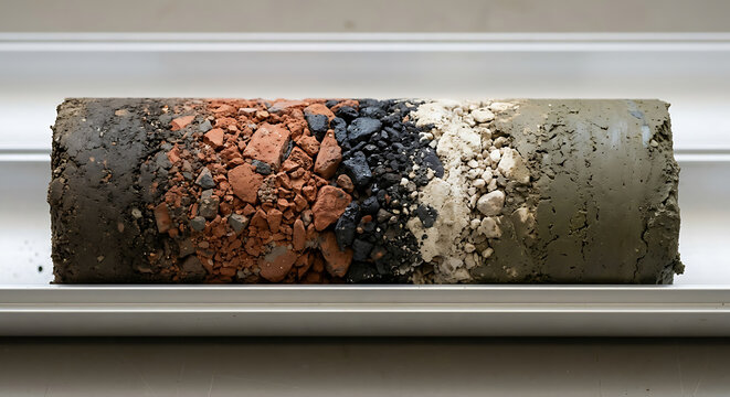 Geotechnical core sample cylinder displaying urban anthroposol sedimentary strata with crushed brick slag and historic foundation mortar