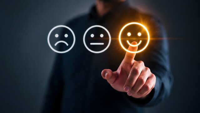 Business professional selecting a glowing golden smiley face icon for customer experience feedback evaluation on a futuristic digital interface in a dark office space.