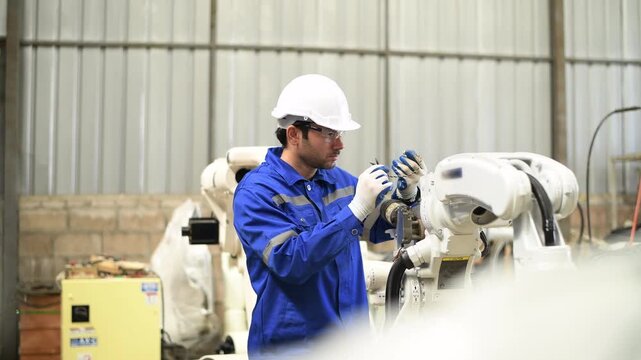 Engineer factory industry wearing safety uniform work and checking system of the welding robots for welding steel electrical by control system robot automate for industry manufacture concept.	
