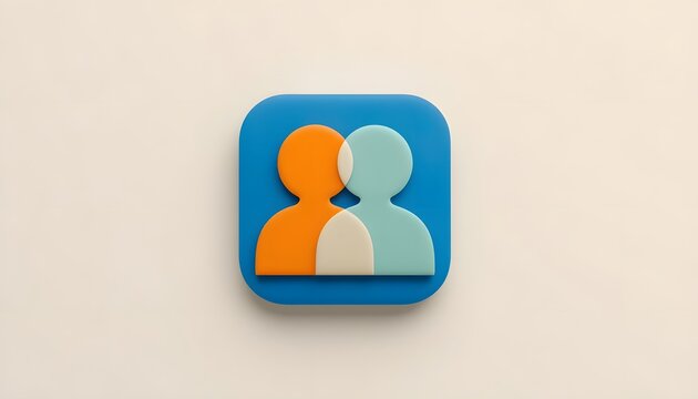 Premium 3D soft clay technology icon representing multi-user profile team connection, blue app button with overlapping pastel figures.