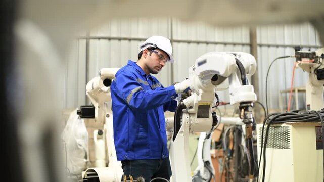 Engineer factory industry wearing safety uniform work and checking system of the welding robots for welding steel electrical by control system robot automate for industry manufacture concept.	