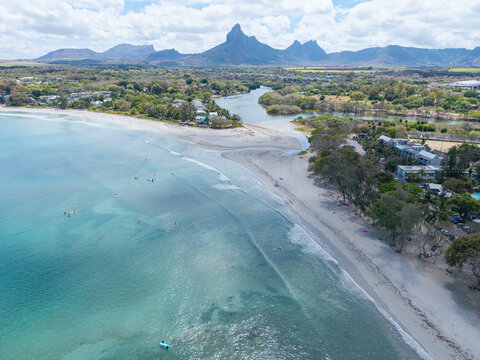 Aerial view of the beach and river mouth at Tamarin, Mauritius