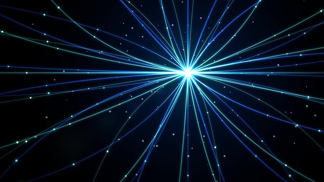 Accelerating cyber fiber optic ribbons and photon pulses stream toward a luminous horizon flare. Features glowing energy paths in cyan, blue, and magenta crimson tones. Ideal motion background for AI 
