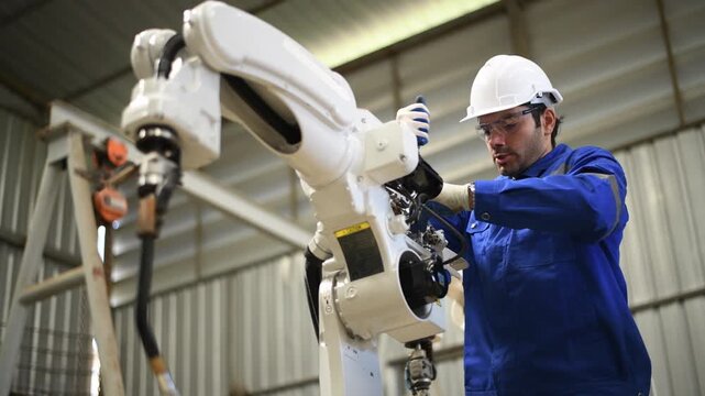 Engineer factory industry wearing safety uniform work and checking system of the welding robots for welding steel electrical by control system robot automate for industry manufacture concept.	