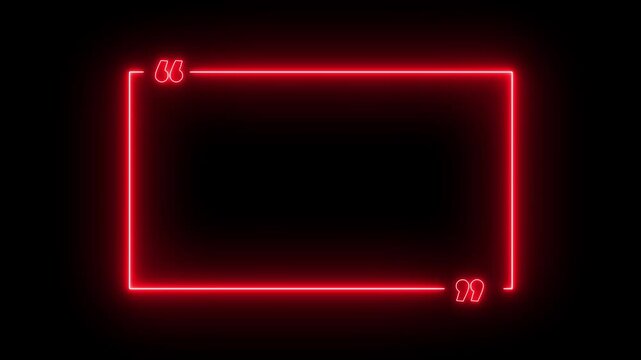 Neon square quote box icon animation. Rectangular quote mark graphic animation. Animated square quote frame design for textual quotation, paraphrasing, or text spoken by on motion video.