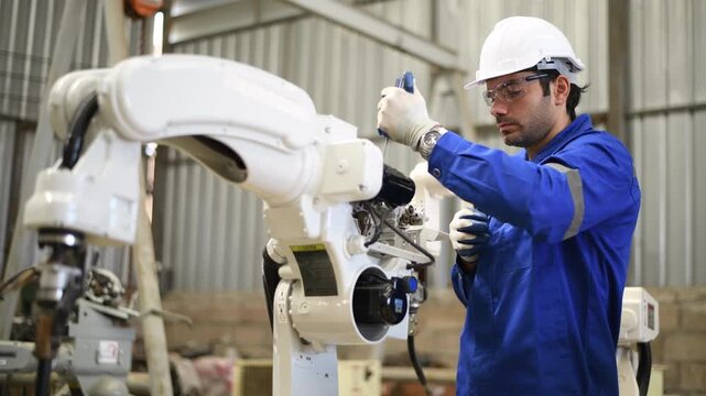 Engineer factory industry wearing safety uniform work and checking system of the welding robots for welding steel electrical by control system robot automate for industry manufacture concept.	