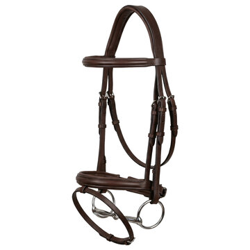 Brown leather horse bridle with snaffle bit and reins, isolated on transparent background