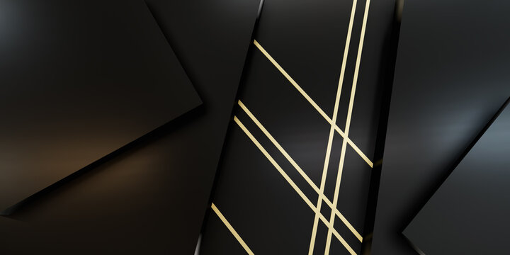 Luxury abstract dark background with overlapping geometric black shapes and golden stripes. Elegant modern wallpaper for corporate identity, presentation or web design. 3D render.