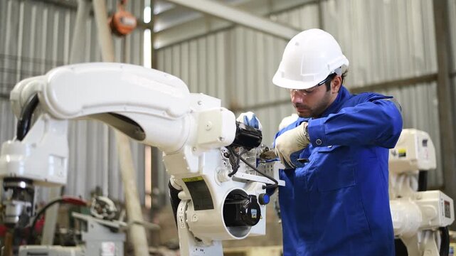 Engineer factory industry wearing safety uniform work and checking system of the welding robots for welding steel electrical by control system robot automate for industry manufacture concept.	