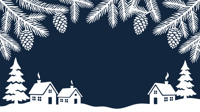 Christmas background vector illustration featuring hanging pine tree branches with cones, snowy winter village houses, and pine trees in dark blue and white