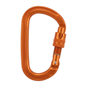 Orange anodized screwgate climbing carabiner with locking sleeve, isolated on transparent background