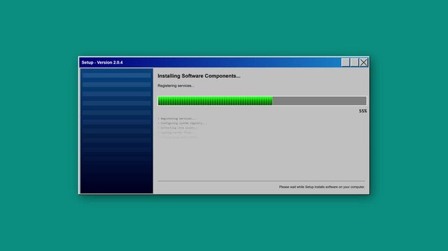 Digital interface displaying a software installation progress bar, showing components being set up on a classic operating system, symbolizing ongoing system updates and background processing