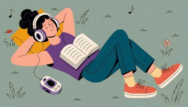 Relaxing music and peaceful leisure time. Audio entertainment and stress relief. Woman listening to headphones and reading a book while lying on the grass
