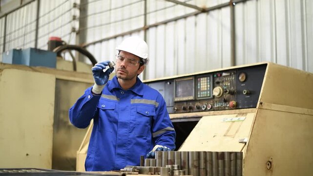 Engineer or factory worker wearing safety uniform under checking a metal part of lathe produce is quality control of parts machined on lathe structure Manufacturing industrial.	