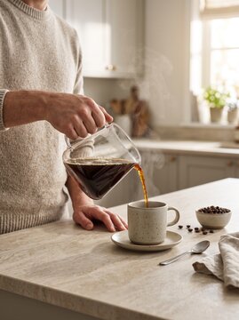 Person preparing fresh morning coffee in a modern home kitchen, pouring hot brewed coffee into a ceramic cup in a warm, natural setting.