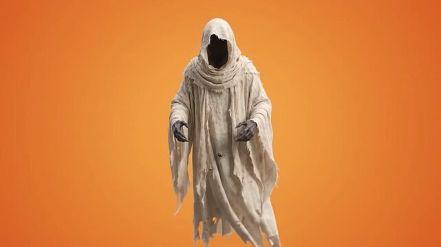 Creepy hooded ghost figure floating in dark tattered robes against a solid orange background.
